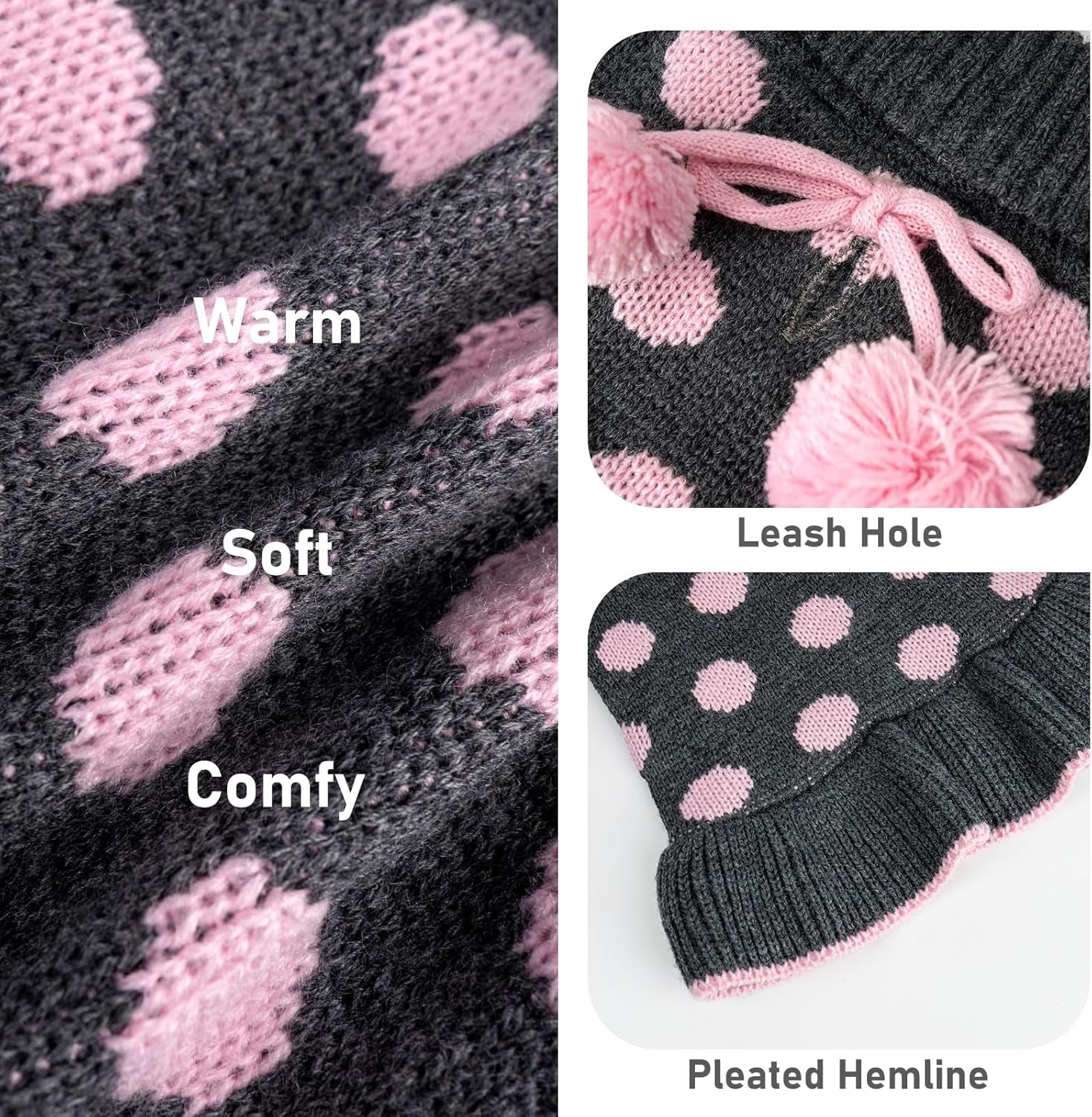 Dog Sweater Dress Turtleneck Polka Dot Dog Sweaters with Leash Hole Knitwear Warm Pet Sweater with Pom Pom Ball