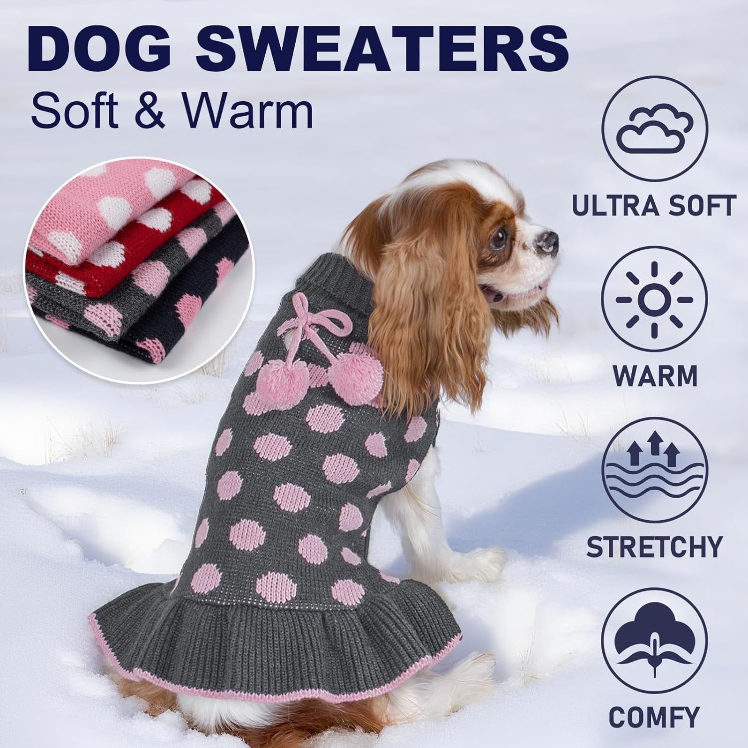 Dog Sweater Dress Turtleneck Polka Dot Dog Sweaters with Leash Hole Knitwear Warm Pet Sweater with Pom Pom Ball